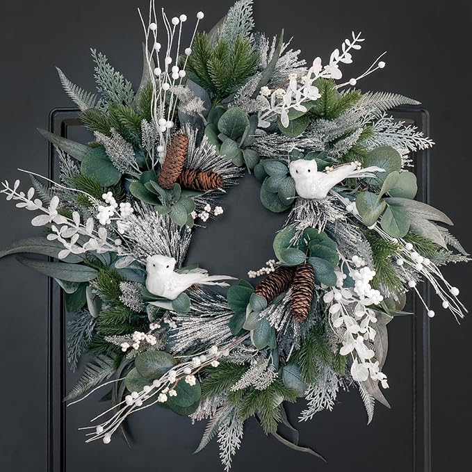 Winter Wreaths for Front Door Outside- 24 Inch Outdoor Christmas Wreath with White Owl,Pine Cones,Cedar and White Berries,Artificial Snowy Winter Decorations for Home Farmhouse Door Decor