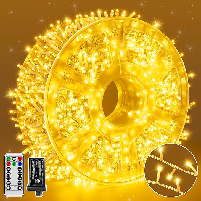 Christmas String Lights 1200LED 196FT, 8 Modes Dimmable Fairy Lights with Remote and Timer, Waterproof Christmas Lights for Festive Decoration Indoor Wedding Party Holiday (Warm White)