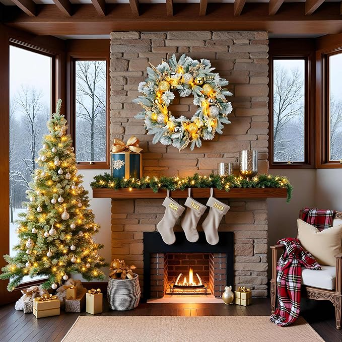 YULETIME 24" Christmas Wreath, Artificial Holiday Wreath with Baubles, Berries, Leaves, Spruce Branches, Snowy Pine Needles (Gold Bauble)
