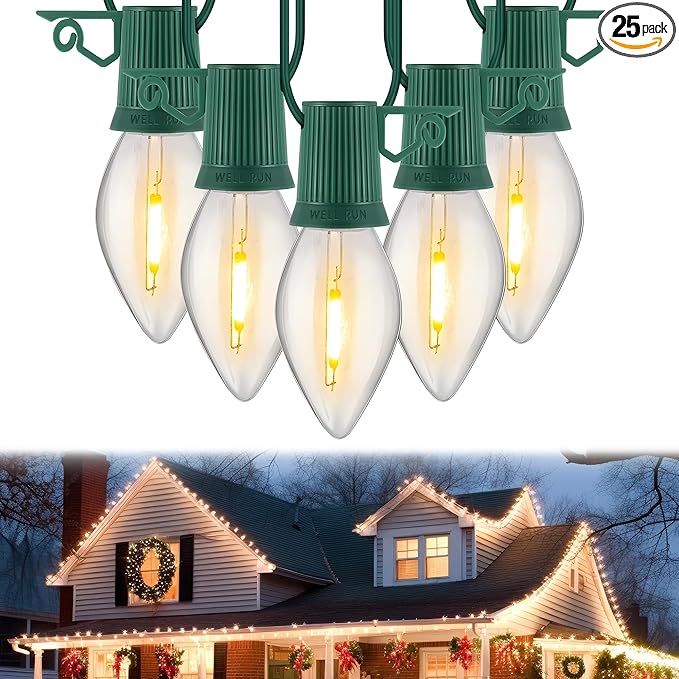 25 FT C9 LED Christmas Lights Outdoor with Clips, Large Bulb Christmas String Lights with Christmas Light Clips, Warm White Christmas Roofline Lights for House and Garden Xmas Decoration