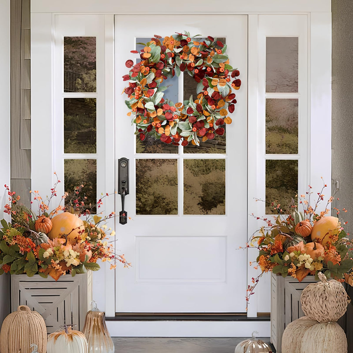 Waipfaru Fall Decor, 26 Inch Fall Wreaths for Front Door, Autumn Door Wreath with Lambs Ears Leave Eucalyptus Leaves Pumpkin Thanksgiving Harvest Halloween Farmhouse Home Outdoor Porch Indoor Decor