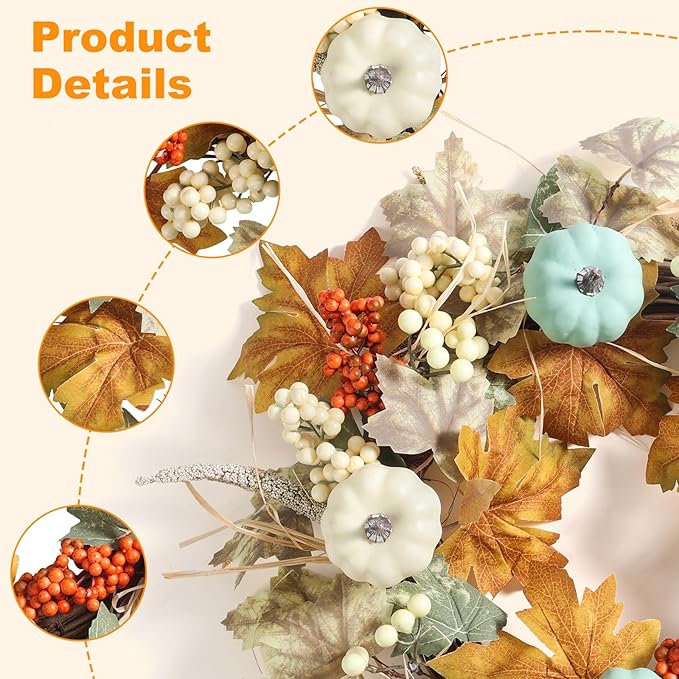 Fall Wreaths for Front Door in 20 inch, Artificial Autumn Leaves with White and Blue Pumpkins, Orange Berries, Farmhouse Fall Decorations, Front Door, Wall, Wedding, Thanksgiving, Autumn