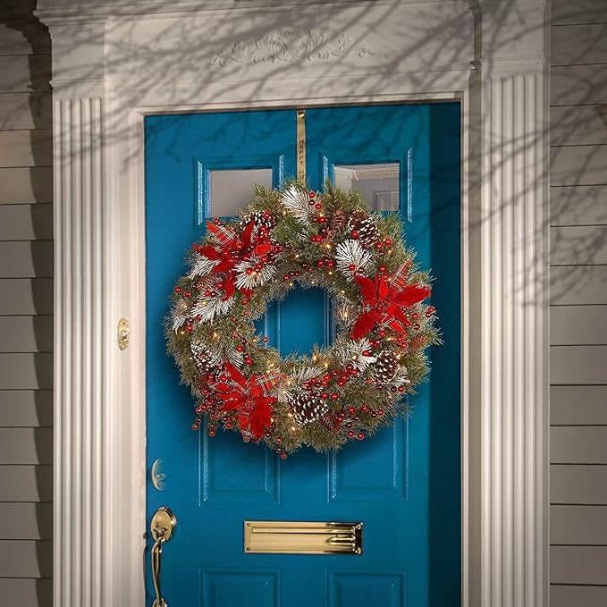 National Tree Company Pre-Lit Artificial Christmas Wreath, Green, Tartan Plaid, White Lights, Decorated with Frosted Branches, Pine Cones, Berry Clusters, Flowers, Christmas Collection, 30 Inches