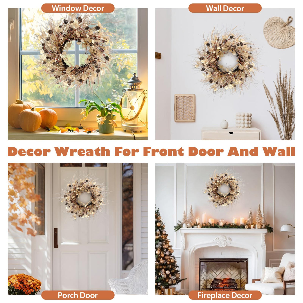 Fall Wreath for Front Door 24 Inch Fall Door Wreaths, Large Autumn Wreath with Berry Pinecones and Raffia, Grapevine Decor for Door Wall Window Home and Halloween Christmas Thanksgiving Decoration