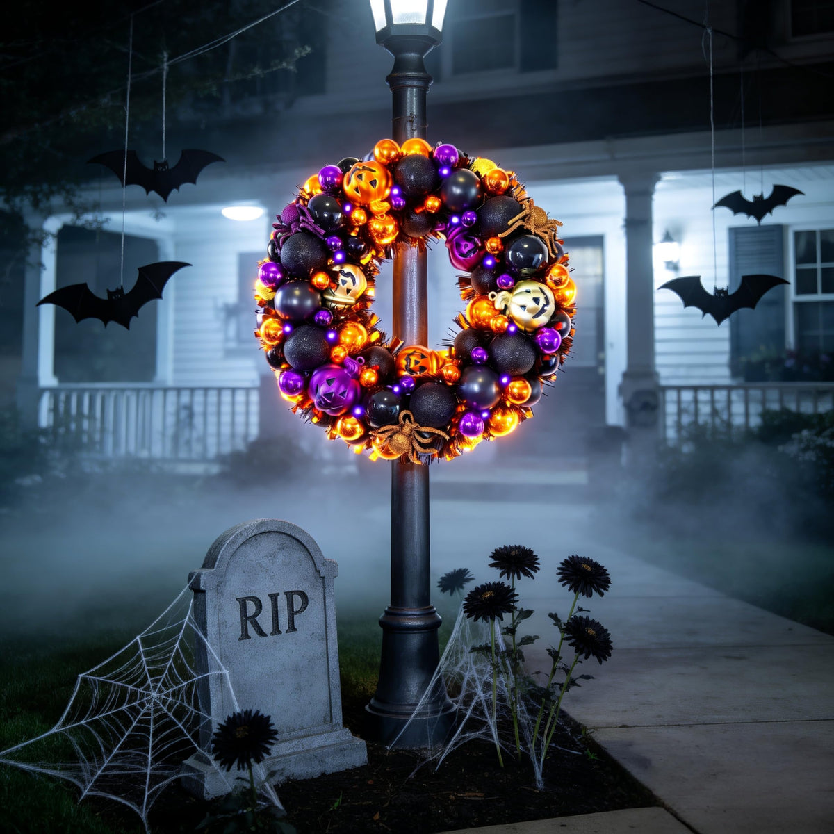HipTree 13.8 Inch Halloween Ball Wreath for Front Door with Lights, Lighted Cute Treat-or-Trick Door Wreath Ball Ornament for Halloween Indoor Decorations Centerpiece Party Holiday Wall Home Decor