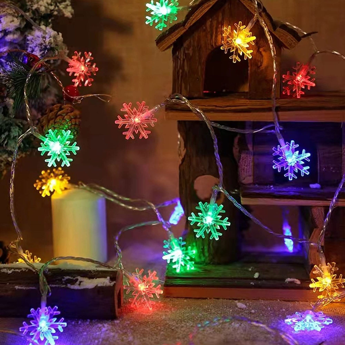Dazzle Bright Snowflake String Lights, 100LED 50FT, Battery Operated, 8 Lighting Modes, Multicolor, Indoor Outdoor Christmas Decorations