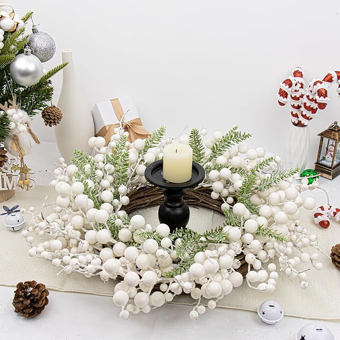 20 Inches White Christmas Wreath Farmhouse Christmas Wreaths for Front Door Rustic Winter Wreath with White Berry Fir Pine Needle for Doors Window Indoors Porches Outside