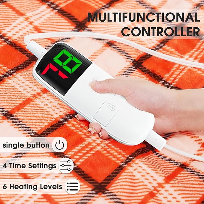 OCTROT Heated Electric Blanket Queen Size, 84X90 Heating Blanket Queen with Dual Control&10 Heats Levels&Timer for Bed,Orange Plaid Sherpa Blankets Warmer Gift for Grandma Women Halloween Home Decor