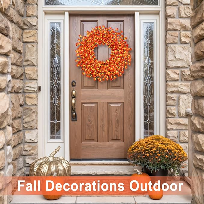26 Inch Realistic Fall Wreaths for Front Door Outside Autumn Wreath Outdoor Indoors Fall Decorations for Home Thanksgiving Halloween Holiday Decorations Clearance for Wall Porch Door (Orange)
