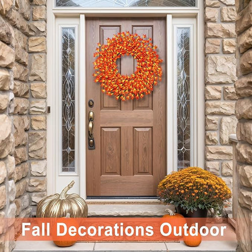 26 Inch Realistic Fall Wreaths for Front Door Outside Autumn Wreath Outdoor Indoors Fall Decorations for Home Thanksgiving Halloween Holiday Decorations Clearance for Wall Porch Door (Orange)