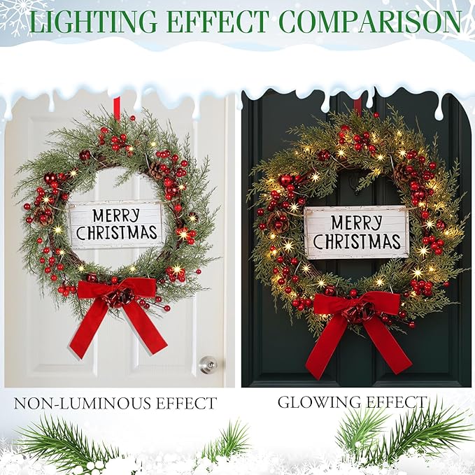 Lighted Christmas Wreath for Front Door with Metal Hanger 16'' Artificial Norfolk Wreath with Velvet Bow LED Lights Jingle Bells Pinecone Berries Christmas Holiday Winter Decor(Red)