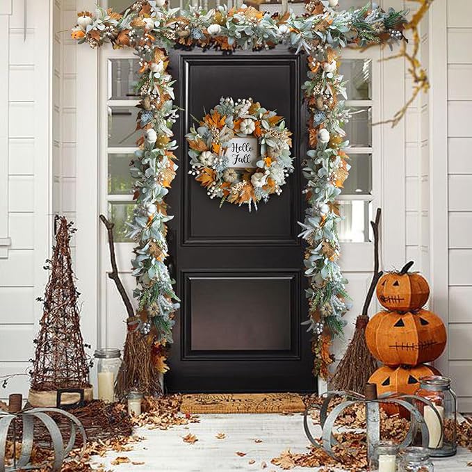 Thanksgiving Fall Wreath, Eucalyptus Berries Pumpkins Lamb Ears Leaves Autumn Wreaths for Front Door, Fall Decor, Porch Wall, Home Outdoor Holiday Decorations (Pumpkin Garland)