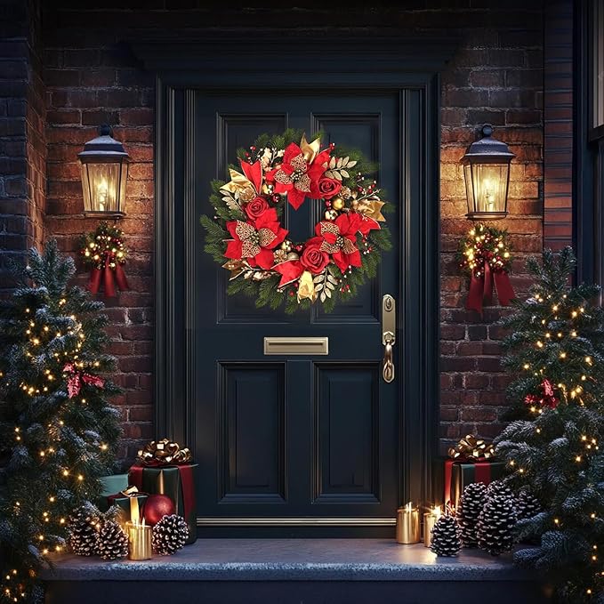 Christmas Wreaths for Front Door,Winter Wreaths for Indoor and Outdoor Christmas Decorations,Christmas Door Wreath with Red Christmas Flowers and Golden Ball,Pine Cones for Christmas Decor