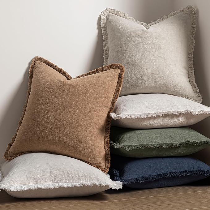 MIULEE Christmas Decorative Throw Pillow Covers Neutral Linen Fringe Throw Pillows Euro Shams Set of 2 Natural Beige Boho Farmhouse Cushion Covers for Couch Sofa Bed Living Room Home Decor 26x26 Inch