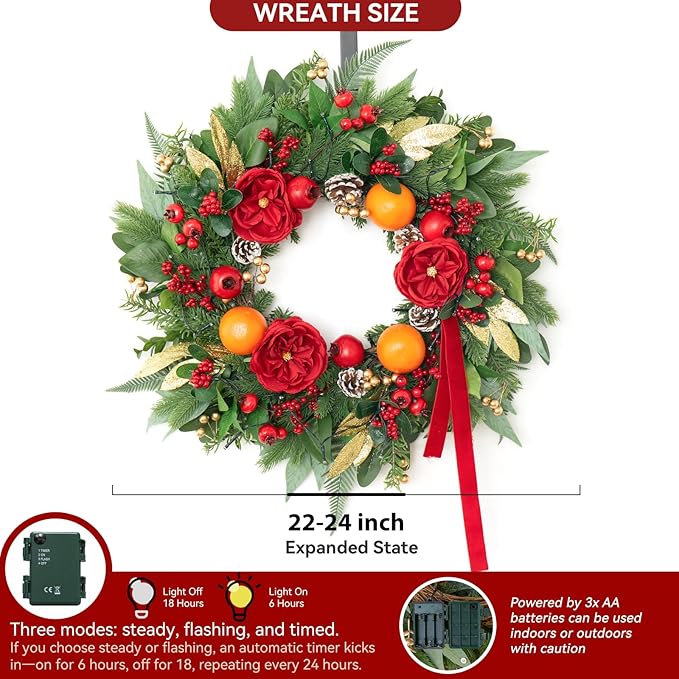 Pre-lit Christmas Wreaths for Front Door- 24 Inch Outdoor Christmas Wreath with Lights,Green Lighted Xmas Door Wreath with Pinecones,Red Flowers and Orange Berries for Holiday Decor