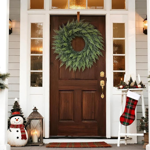24" Real Touch Artificial Cedar Wreath - Faux Christmas Wreaths for Front Door,Faux Pine Green Wreath for Home, Holiday, Fireplace, Mantle,Wall, Windows, Xmas, Outdoor Decoration