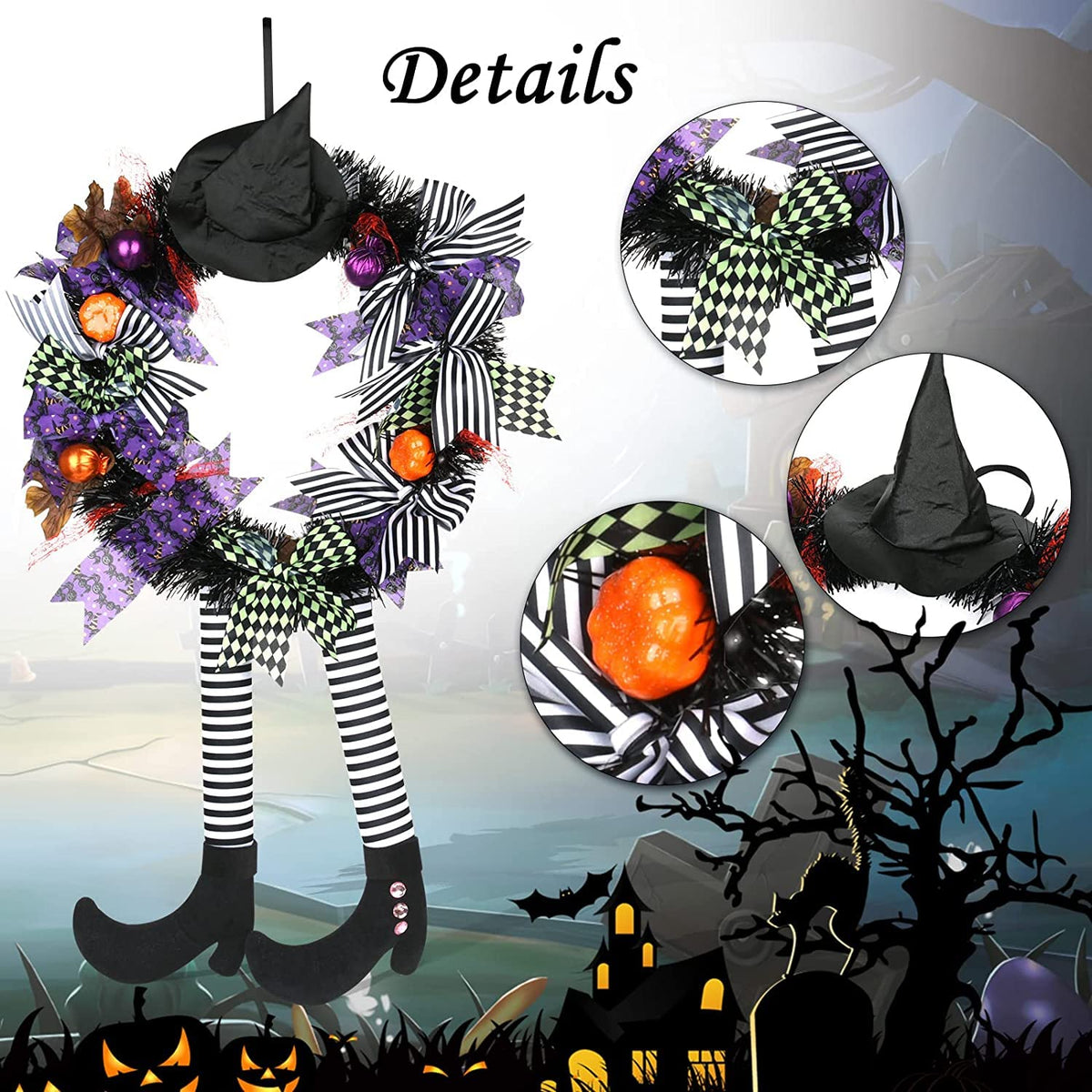 Halloween Wreath Decorations - Halloween Wreaths for Front Door - Witch Decor with Hat Legs Pumpkin Halloween Hanging Decor,Halloween Door Decorations for Door,Porch,Window,Indoor and Outdoor Decor