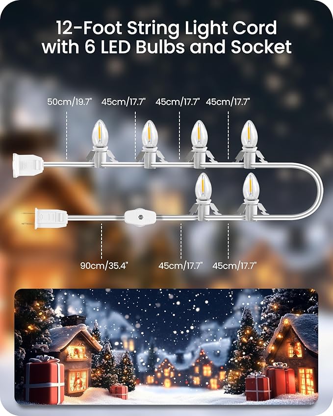 2Pack Christmas Village Lights, Decoration String Lights 12Ft with 6 C7 LED Bulbs, Warm White, with Socket and Switch, for Christmas Snow House,Pumpkin Crafts,Holiday Decoration W04VLP205