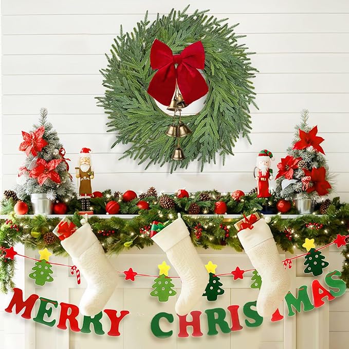 22 inch Norfolk Pine Wreath with Bow and Bell,Christmas Wreaths for Front Door,Artificial Real Touch Wreath for Door Wall Windows Mantle Outdoor Christmas Decoration