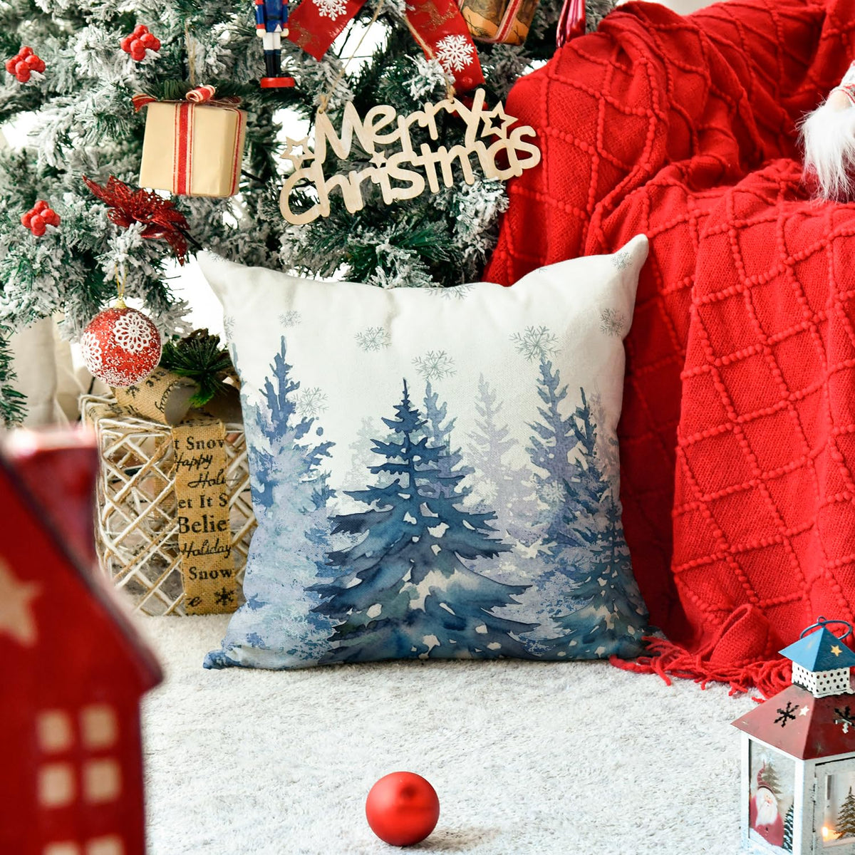AVOIN colorlife Blue Christmas Tree Snowflake Throw Pillow Cover, 18 x 18 Inch Seasonal Winter Holiday Blue Cushion Case Decoration for Sofa Couch