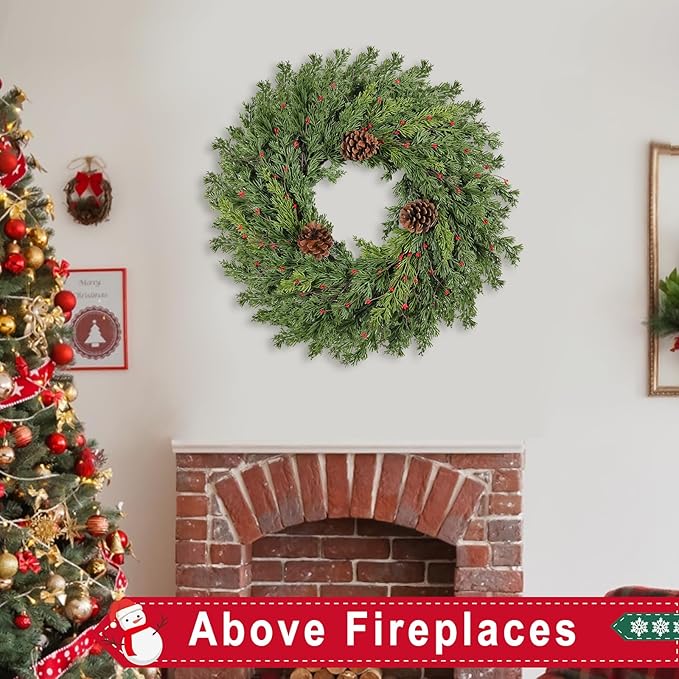 Real Touch Pine Christmas Wreath 24 Inch Christmas Wreaths for Front Door Winter Wreath Artificial Green Wreaths Outdoor Christmas Decorations Indoor Outside Window Home Holiday Thanksgiving