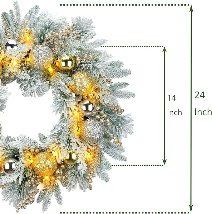 YULETIME 24" Christmas Wreath, Artificial Holiday Wreath with Baubles, Berries, Leaves, Spruce Branches, Snowy Pine Needles (Gold Bauble)