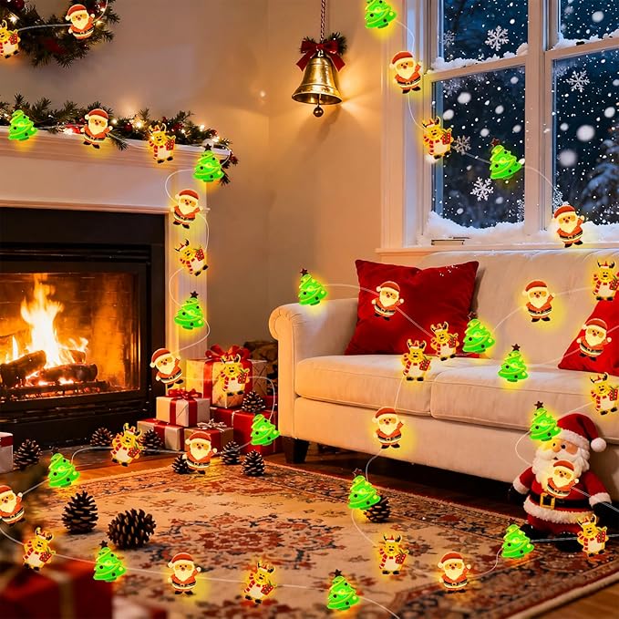 pozzolanas Christmas Fairy Lights, LED Christmas Tree Santa Claus Snowman Moose Lights Decoration, Waterproof Battery Powered Indoor Outdoor Decoration String Lights - 1Pack