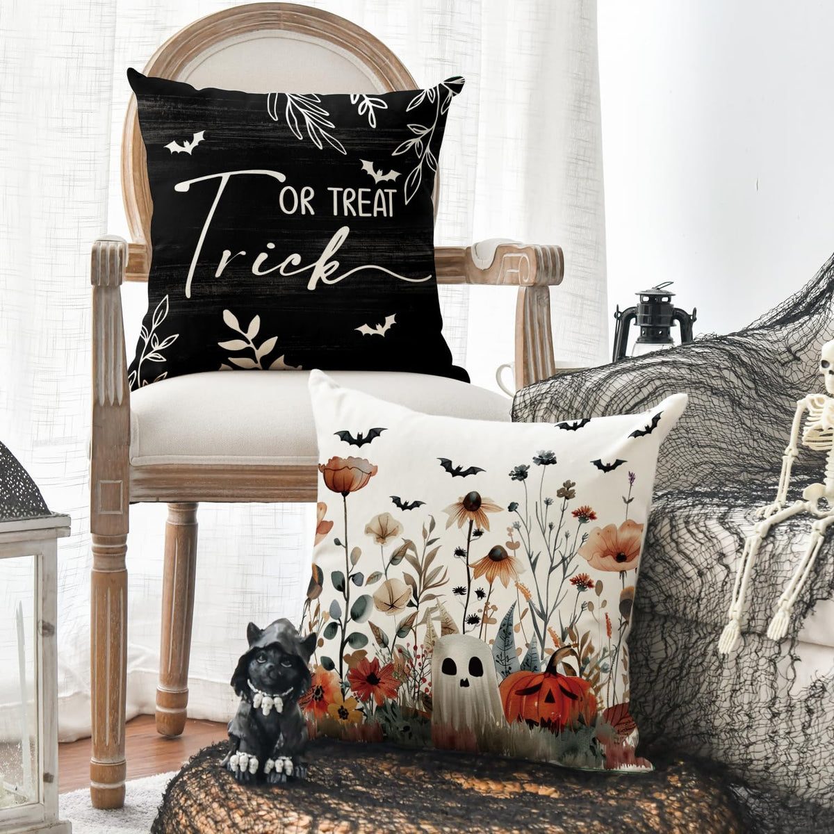 AVOIN colorlife Halloween Horror Wildflowers Ghost Throw Pillow Covers, 18 x 18 Inch Pumpkin Bat Holiday Cushion Case Decoration for Sofa Couch Set of 4