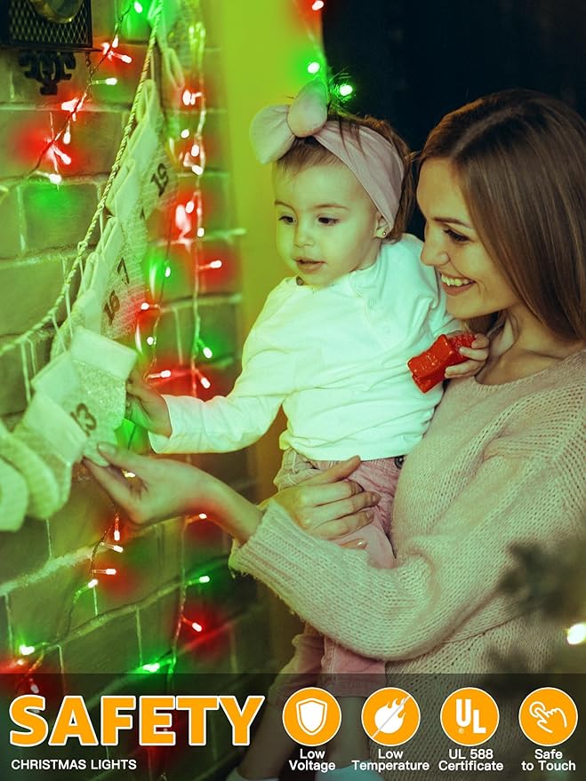 Christmas Lights 600 LED 98FT, Waterproof Outdoor String Lights with Remote and Timer, 8 Modes Dimmable Fairy Lights for Indoor Outdoor Wedding Party Holiday Decorations (Red and Green)