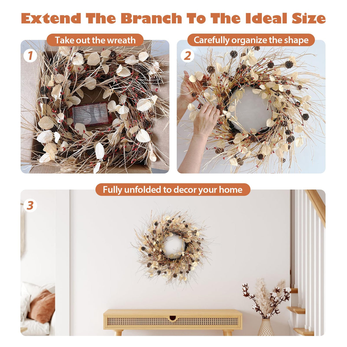Fall Wreath for Front Door 24 Inch Fall Door Wreaths, Large Autumn Wreath with Berry Pinecones and Raffia, Grapevine Decor for Door Wall Window Home and Halloween Christmas Thanksgiving Decoration