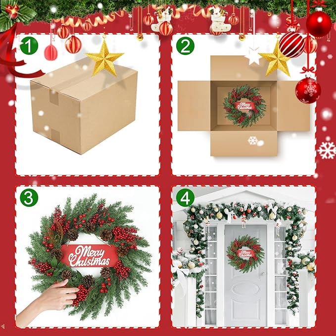 Christmas Wreaths for Front Door,Winter Wreaths for Indoor and Outdoor Decorations,Christmas Door Wreath with Pine Cones and Leaves,Berries,Wood Sign for Decor