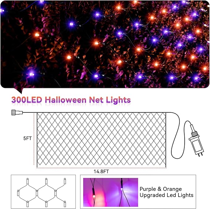 LitHome 14.8FT x 5FT Halloween Net Lights, 300 LED Purple Orange Bush Lights with 8 Modes, Connectable Waterproof Net Mesh Light Dark Green Wire for Bushes Shrubs Trees Outdoor Holiday Decor