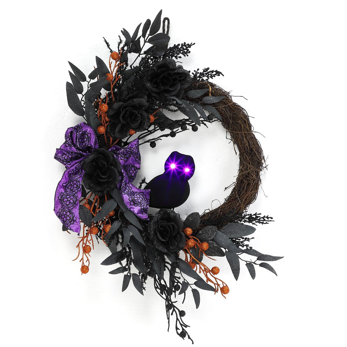 Garvee Halloween Door Wreath, 22 Inch Prelit Halloween Owl Wreaths for Front Door with Black Willow Leaves, Artificial Roses, Purple Bow for Indoor Outdoor Wall Porch Decor