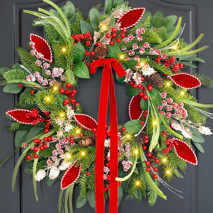 Christmas Wreath with Lights,Outdoor Pre-lit Christmas Wreaths for Front Door-24 Inch Xmas Door Wreath with Pine Needles Pine Cones and Red Berries- Farmhouse Home Christmas Decorations