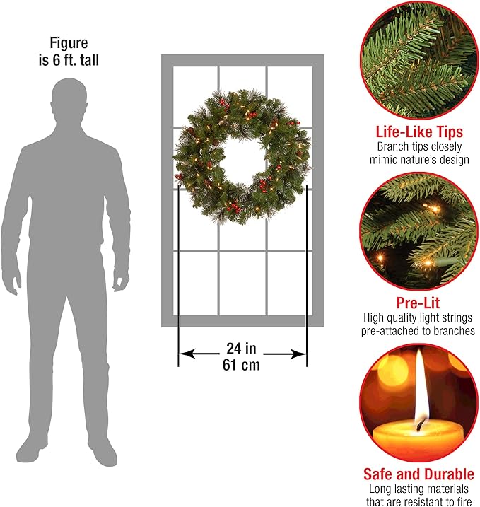 National Tree Company Pre-Lit Artificial Christmas Wreath, Green, Crestwood Spruce, White Lights, Decorated with Pine Cones, Berry Clusters, Frosted Branches, Christmas Collection, 24 Inches