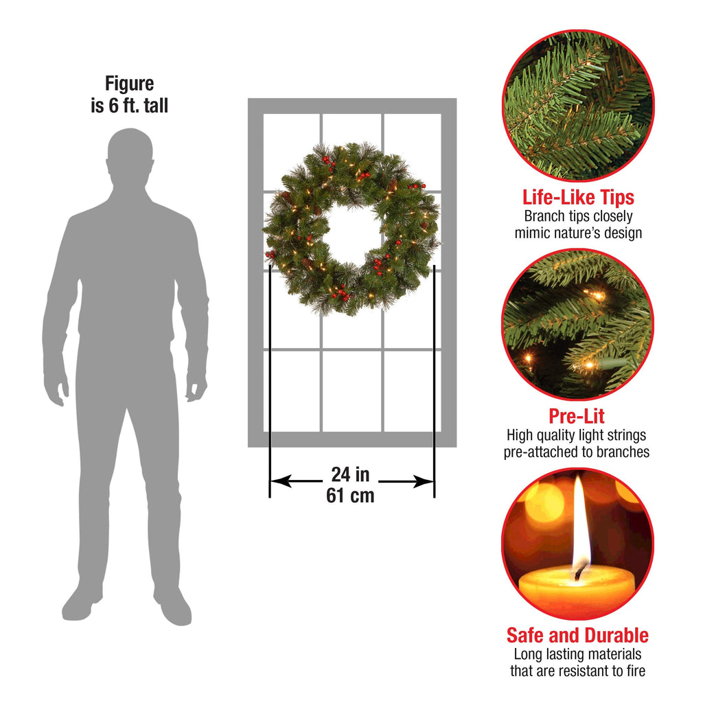 National Tree Company 24 in Pre-Lit Crestwood Spruce Artificial Christmas Wreath, Christmas Decoration with Glitter, Pinecones, Red Berries, 50 Clear Lights, 160 Tips, Green