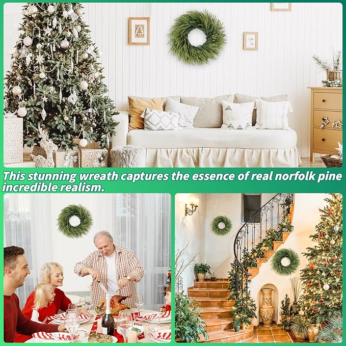 24 inch Norfolk Pine Wreath, Realistic Christmas Wreath for Front Door,Artificial Real Touch Green Wreath Greenery for Door Wall Windows Mantle Outdoor Christmas Decoration