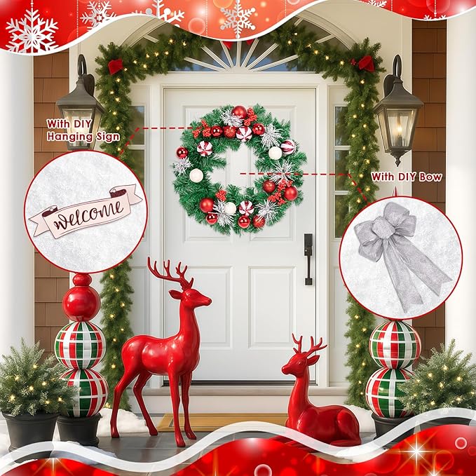 Christmas Wreaths for Front Door Outside Decor, 20" Peppermint Candy Ball Ornaments Pine Branches Winter Artificial Wreath Decorations with Bow Hanging Sign for Xmas Home Door Wall Window Fireplace