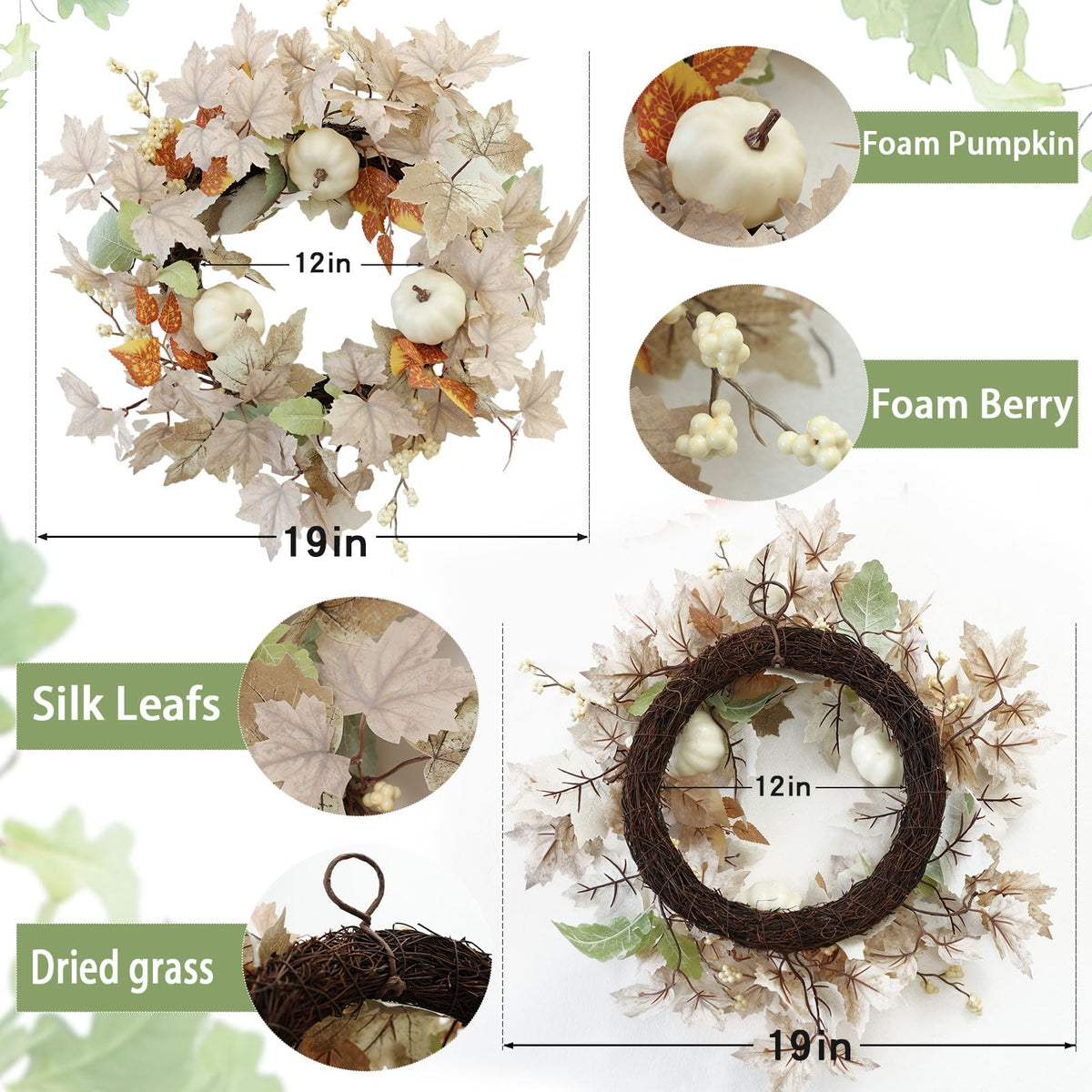 MIZII Fall Wreaths for Front Door 19 inch White Fall Wreath with Artificial Maple Leaves Pumpkin Autumn Leaf Thanksgiving Halloween Harvest Door Decorations for Wall Porch Home Decor (White)