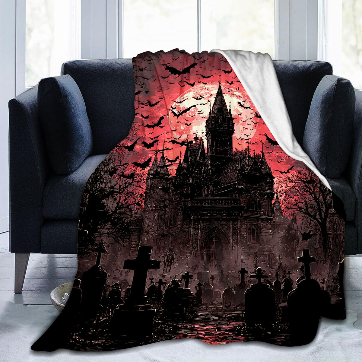 Gothic Blanket for Girls Boys Women Men, Soft Vintage Black Gothic Horror Tombstone Castle Bat Blanket for Kids Adults, Goth Gifts for Halloween, Warm Cozy Plush Fleece Flannel Throw Blankets 50"X40"