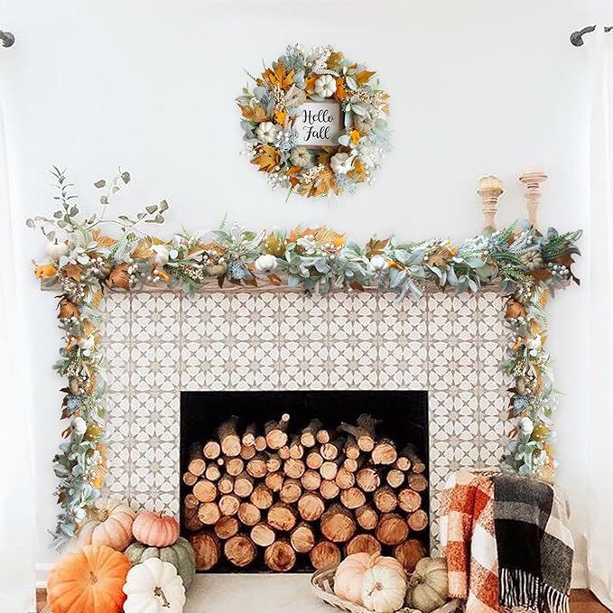 Thanksgiving Fall Wreath, Eucalyptus Berries Pumpkins Lamb Ears Leaves Autumn Wreaths for Front Door, Fall Decor, Porch Wall, Home Outdoor Holiday Decorations (Pumpkin Garland)