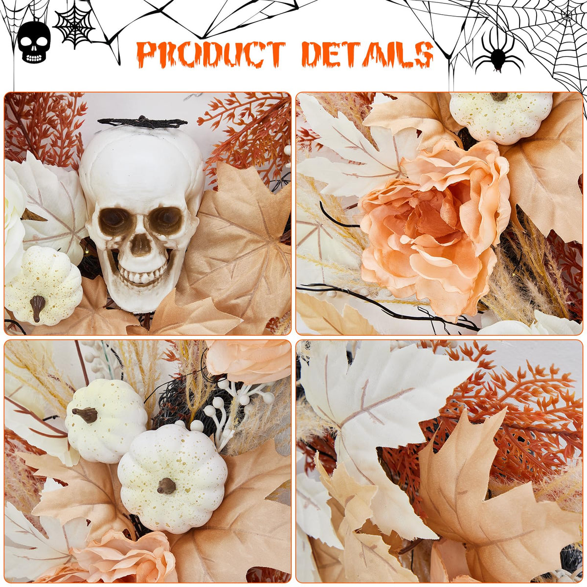 GarveeHome 22 in Halloween Skull Wreaths for Front Door, Fall Maple Leaves Wreath with Lights White Pumpkins Roses, Halloween Decorations for Porch Window Indoor Outdoor Decor