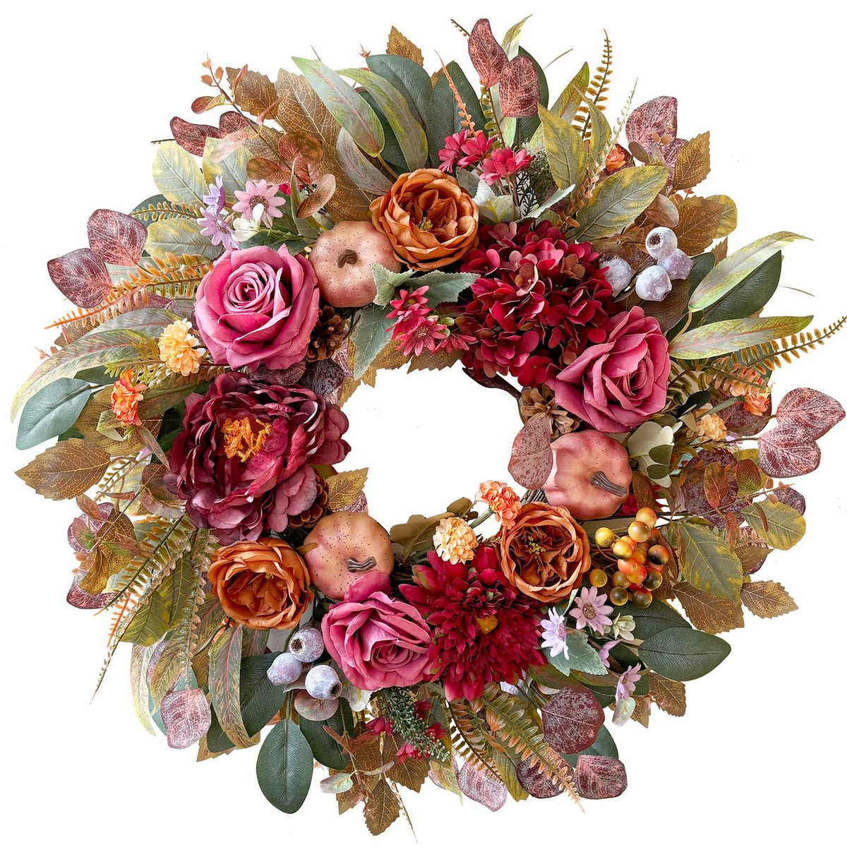 WANNA-CUL 24 Inch Fall Floral Wreath for Front Door with Roses Dahlias Hydrangeas&Pumpkins, Artificial Autumn Harvest Wreath Thanksgiving Farmhouse Decor for Table Wall Mantel Window Indoor Outdoor