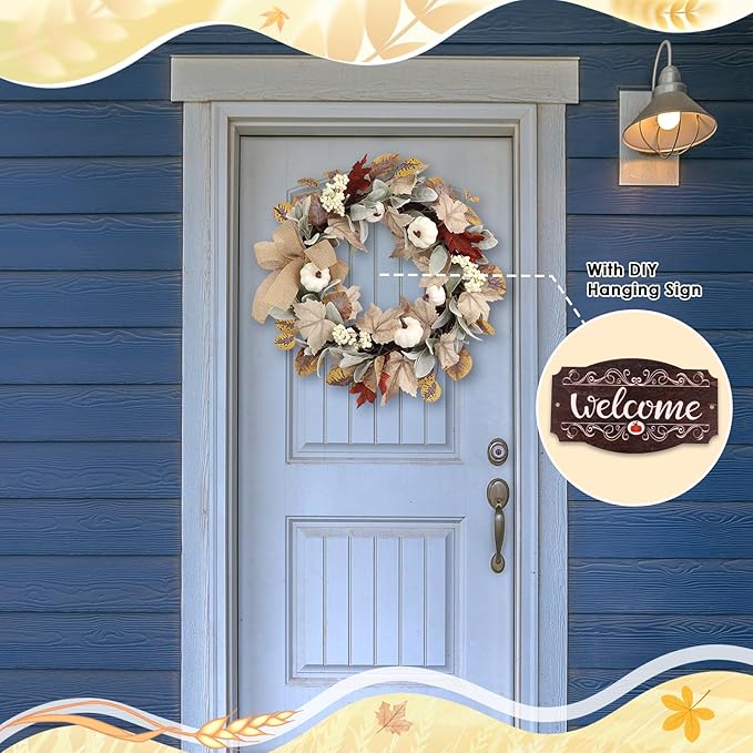 Fall Wreaths for Front Door Outside Decor, 20" Eucalyptus Maple Leaves Pumpkins Autumn Wreath Decorations with Bow and Hanging Sign for Thanksgiving Home Outdoor Indoor Porch Harvest