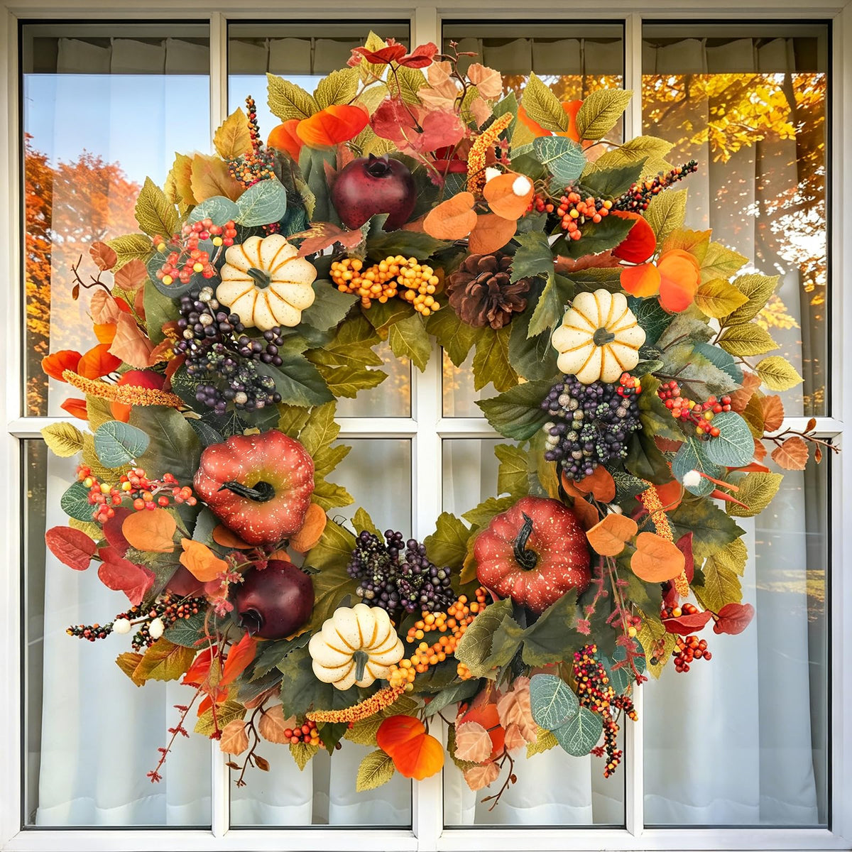 Fall Wreaths for Front Door Outside 24 Inch Autumn Wreath with Pumpkins, Pomegranates, Pinecones, Berries & Leaves – Fall Door Wreath for Outdoor Wreaths for Front Door, Indoor Thanksgiving Decor