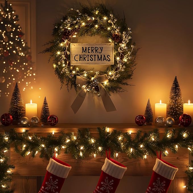 Lighted Christmas Artificial Cedar Wreath for Front Door with Hanger Christmas Wreaths Faux Norfolk with Velvet Bow LED Lights Jingle Bells Pinecone Berries Indoor Window Xmas Holiday Decor(Silver)