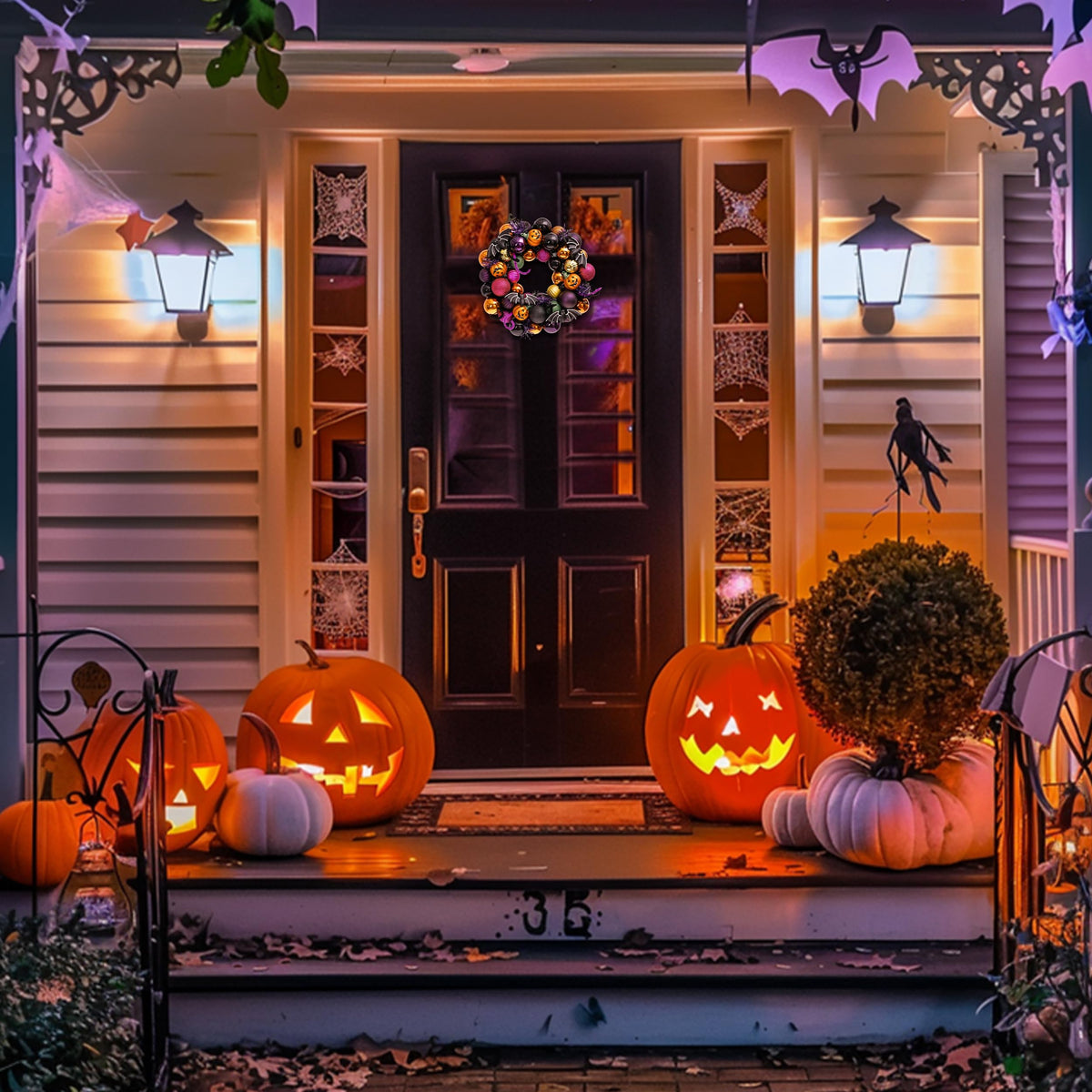 Valery Madelyn Halloween Decorations Indoor for Home, Pre-Lit Pumpkin Ball Wreath with 60ct Shatterproof Treat-or-Trick Ornaments for Centerpiece Wall Front Door, 20 Inch