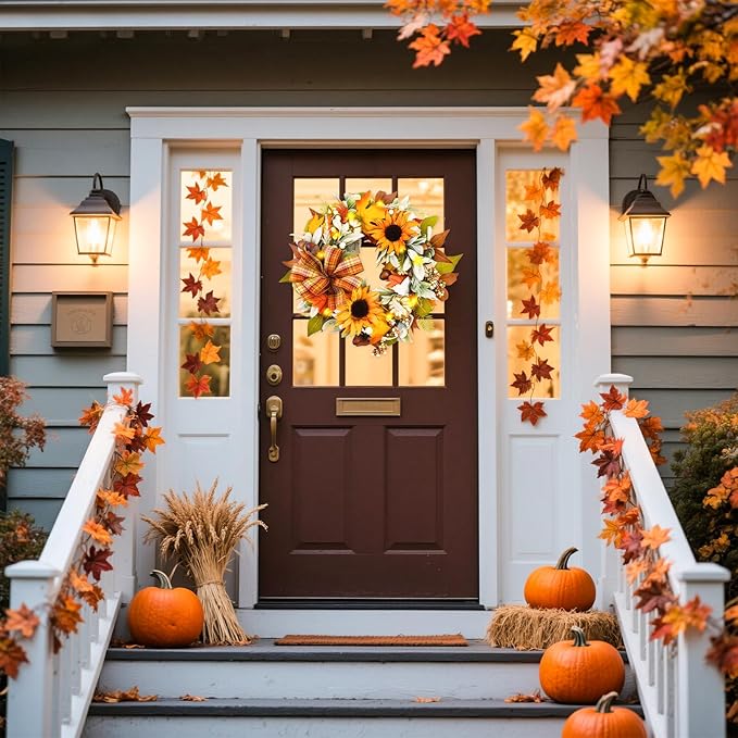 Fall Wreaths for Front Door,Sunflower Autumn Wreath with Lights,Pumpkins and Bows,for Thanksgiving Halloween Farmhouse Indoor Outdoor Outside (Yellow Sunflower)