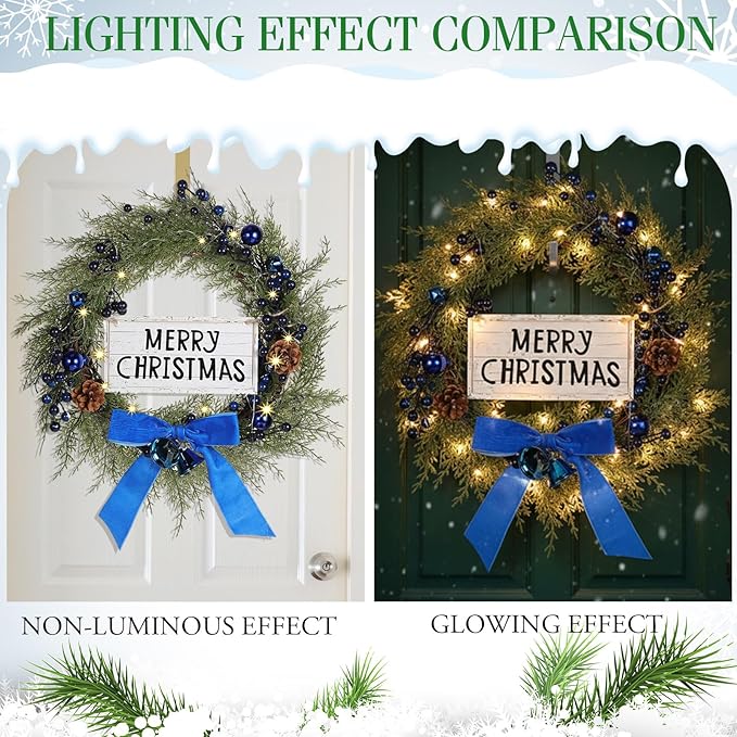 Lighted Christmas Artificial Cedar Wreath for Front Door with Hanger Christmas Wreaths Faux Norfolk with Velvet Bow LED Lights Jingle Bells Pinecone Berries Indoor Window Xmas Holiday Decor(Blue)