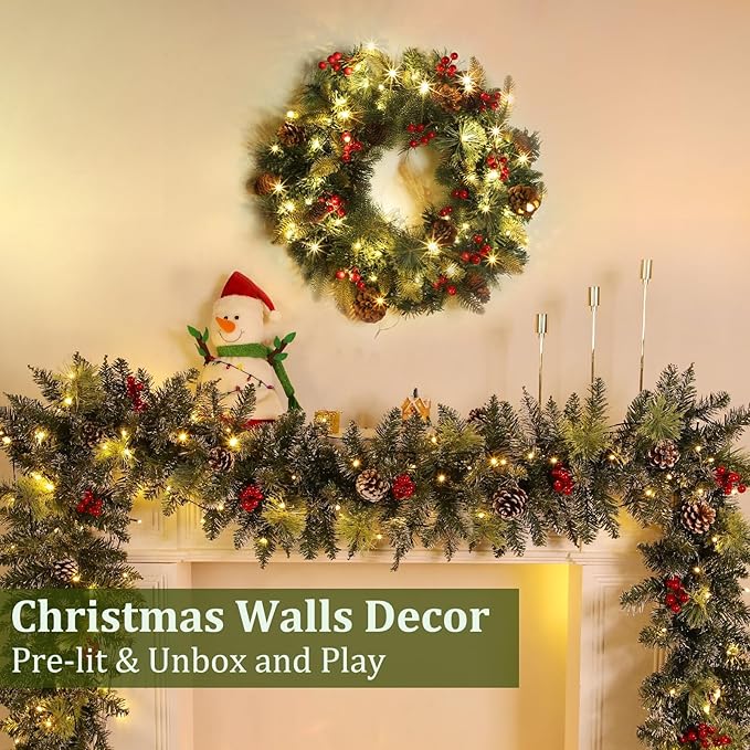 Christmas Wreaths for Front Door, Prelit Christmas Wreath with 30 Warm White & Colorful Lights 8 Modes Timer Pinecones Berried Norfolk Pine Wreath 20 Inch Xmas Wreath Decorations for Door Wall Windows
